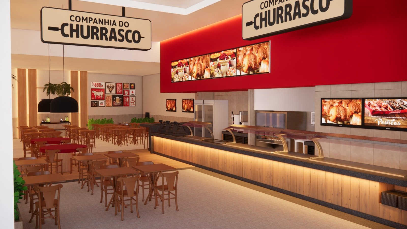 Modelo de loja Companhia do Churrasco - salão com mesas